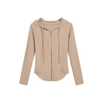 PAIN OR PLEASURE Slimming Hooded Zip Closure Coat Sweatshirt Close Your Eyes And Buy Women's Khaki