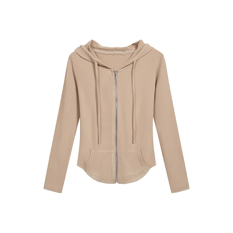 PAIN OR PLEASURE Slimming Hooded Zip Closure Coat Sweatshirt Close Your Eyes And Buy Women's Khaki-0