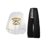 White Crew Neck Sweatshirt+Black Pants