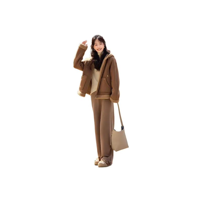Mo Han Yi Mei Cropped Coats Women's Apricot Coffee-0