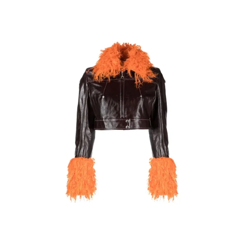 Marine Serre Feather trim Cropped Leather Jacket-0