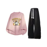 Rose Pink Crew Neck Sweatshirt+Black Pants