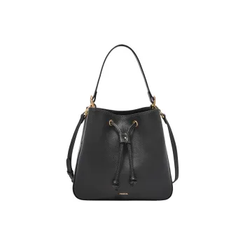 FOSSIL Leather Bucket Bag, One Shoulder Handbag Women's Black