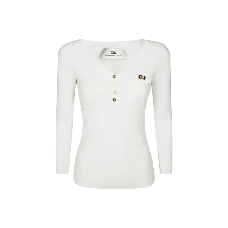Elisabetta Franchi Breast Pocket Micro Ribbed Top-0