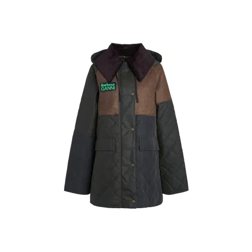BARBOUR x GANNI SS24 Short Burghley Quilted Wax Jacket Coats Women's Dark Green