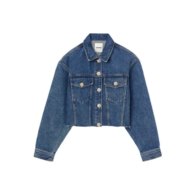Sandro Crystal-buttons Cropped Denim Jacket-0