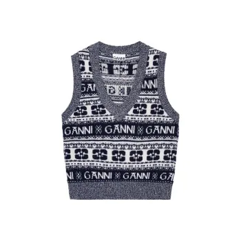GANNI Logo Intarsia Knit V Neck Mix Vest