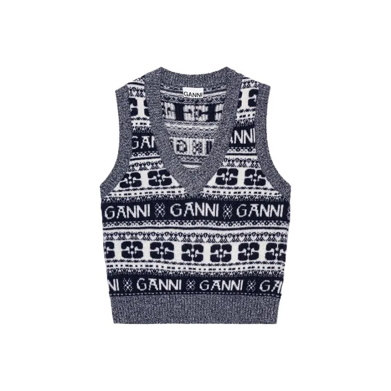 GANNI Logo Intarsia Knit V Neck Mix Vest-0