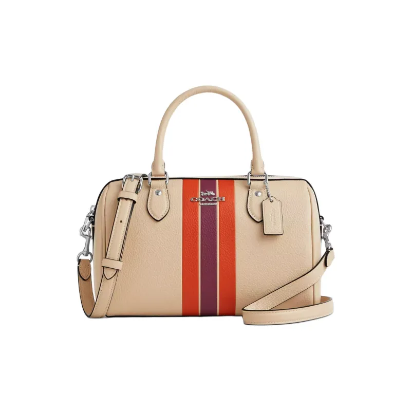 COACH Rowan Leather One Shoulder Handbag Medium Size Women's Silver With Ivory Multicolor-0