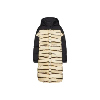 Valentino SS22 Solid Color Multicolor Animal Print Hooded Mid-Length Puffer Jacket Women's Beige