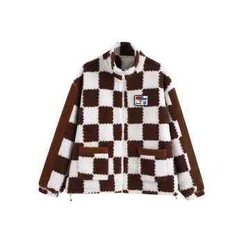 OAKAO Plaid Stand Collar Loose Fit Moderate Puffer Jacket Unisex Brown