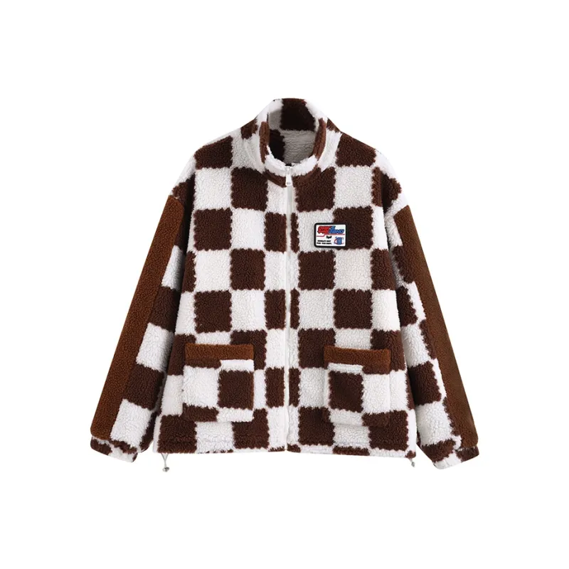 OAKAO Plaid Stand Collar Loose Fit Moderate Puffer Jacket Unisex Brown-0