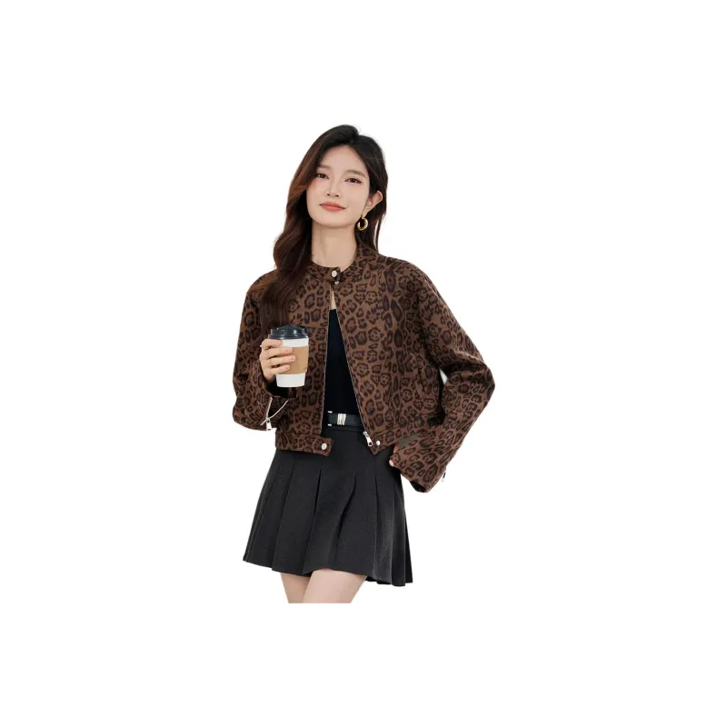 TERRE BLEUE Cropped Coats Women's Leopard Print-0