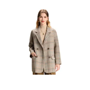FENHONGMALI Coat Women's Camel White Plaid