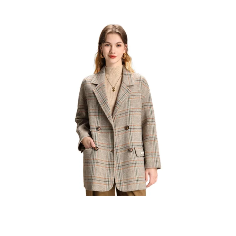FENHONGMALI Coat Women's Camel White Plaid-0