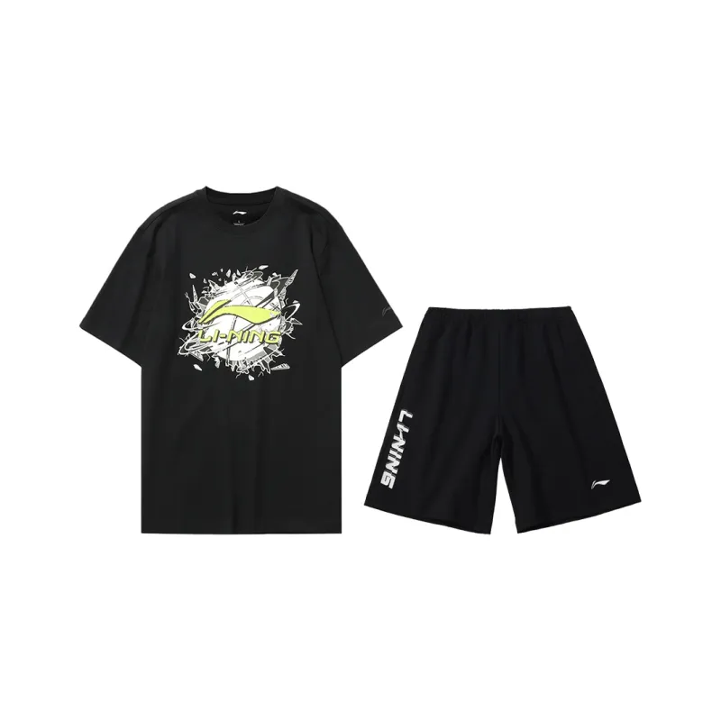 LiNing Casual Sportswear Men's Black Short Sleeved Shirt+Black Shorts-0
