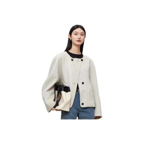 DESIGNICE Cropped Coats Women's Button Flower Apricot