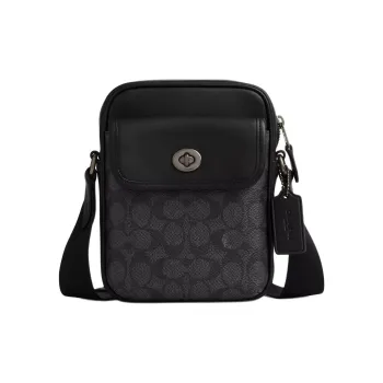 COACH Turnlock Smooth Calf Leather Shoulder Bag, Crossbody Bag Mini Men's Charcoal Gray & Black