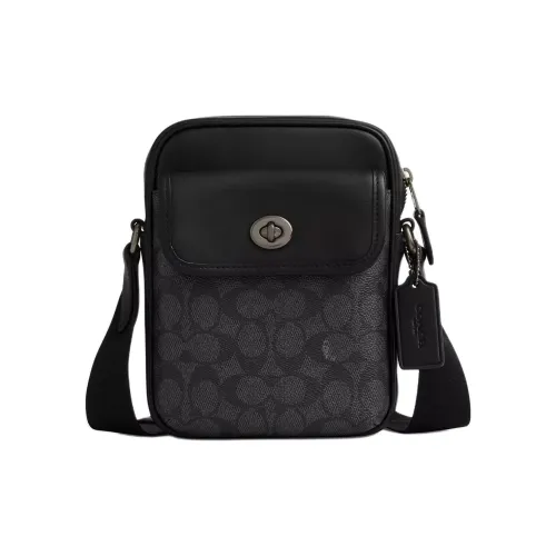 COACH Turnlock Smooth Calf Leather Shoulder Bag, Crossbody Bag Mini Men's Charcoal Gray & Black
