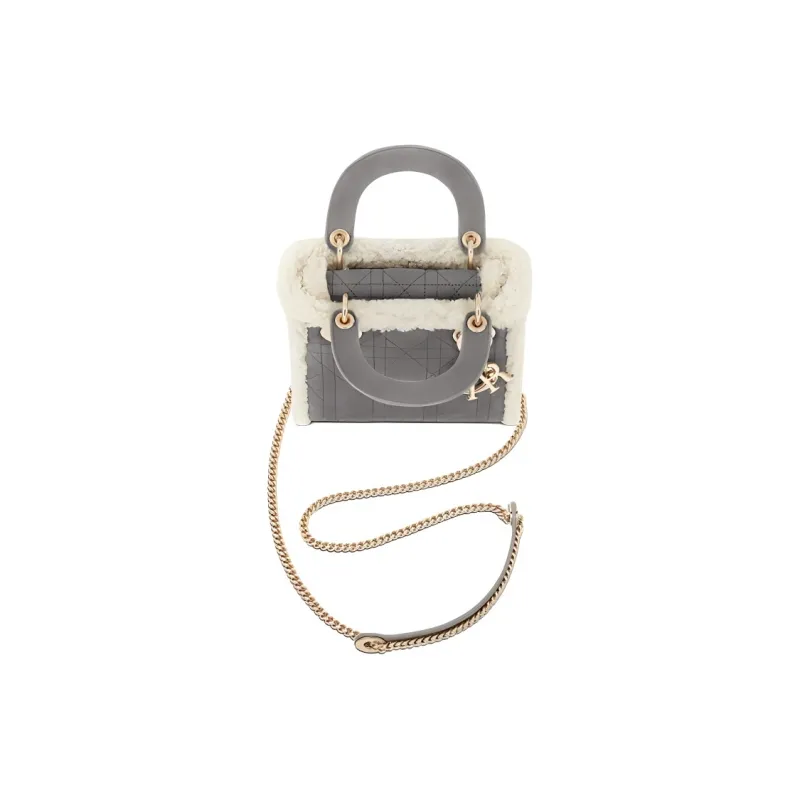 DIOR Lady Dior Shearling Chain Bag With Three Compartments Dai Fei Shoulder Handbag Mini Women's Gray-2
