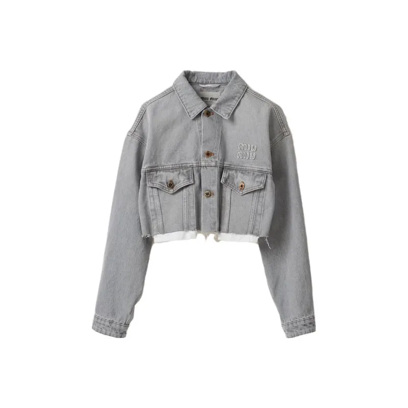 MIU MIU Logo appliqué Cropped Denim Jacket-0