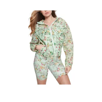 GUESS Eco Davina Floral Nylon Windbreaker Trench Coat Women's Green