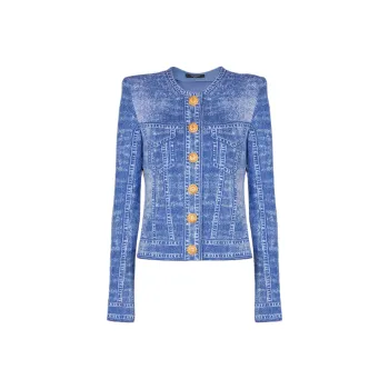 BALMAIN Denim Effect Logo Detailed Knitted Cardigan
