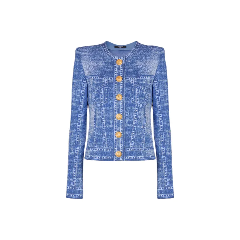 BALMAIN Denim Effect Logo Detailed Knitted Cardigan-0