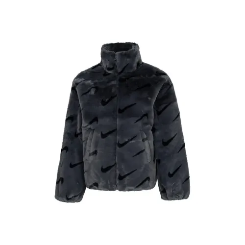 Nike Women's Printed Faux Fur Jacket Asia Sizing Dark Smoke Grey