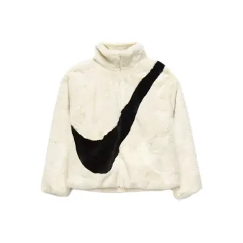 Nike Sportswear Women's Oversized Swoosh Logo Faux Fur Jacket Fossil/Black