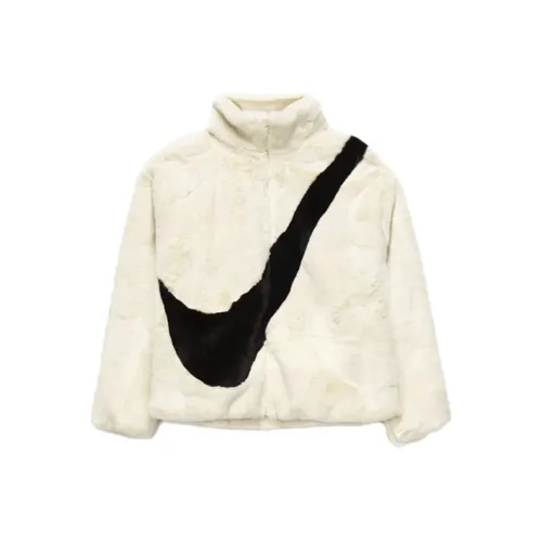 Nike Sportswear Women's Oversized Swoosh Logo Faux Fur Jacket Fossil/Black