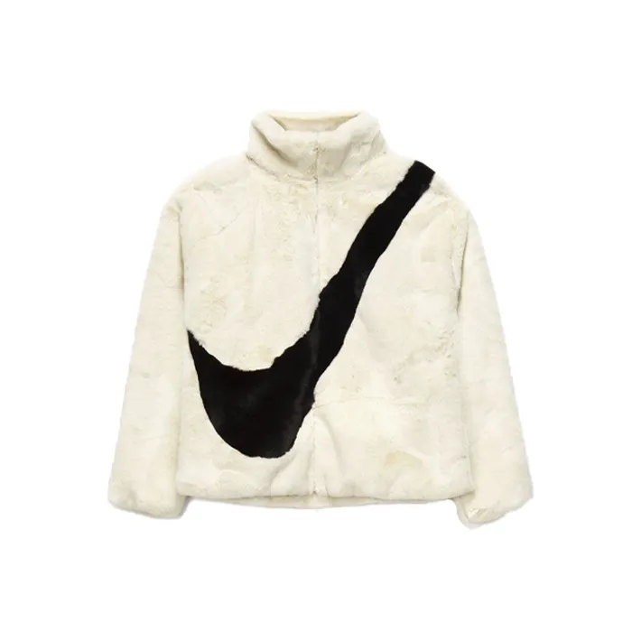 Nike Sportswear Women's Oversized Swoosh Logo Faux Fur Jacket Fossil/Black-0