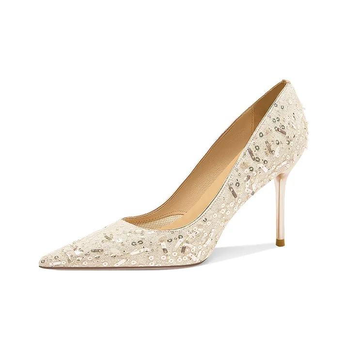 LOLY French Crystal Shoes Slim Heel High Heels Women's Pearl Lover-1