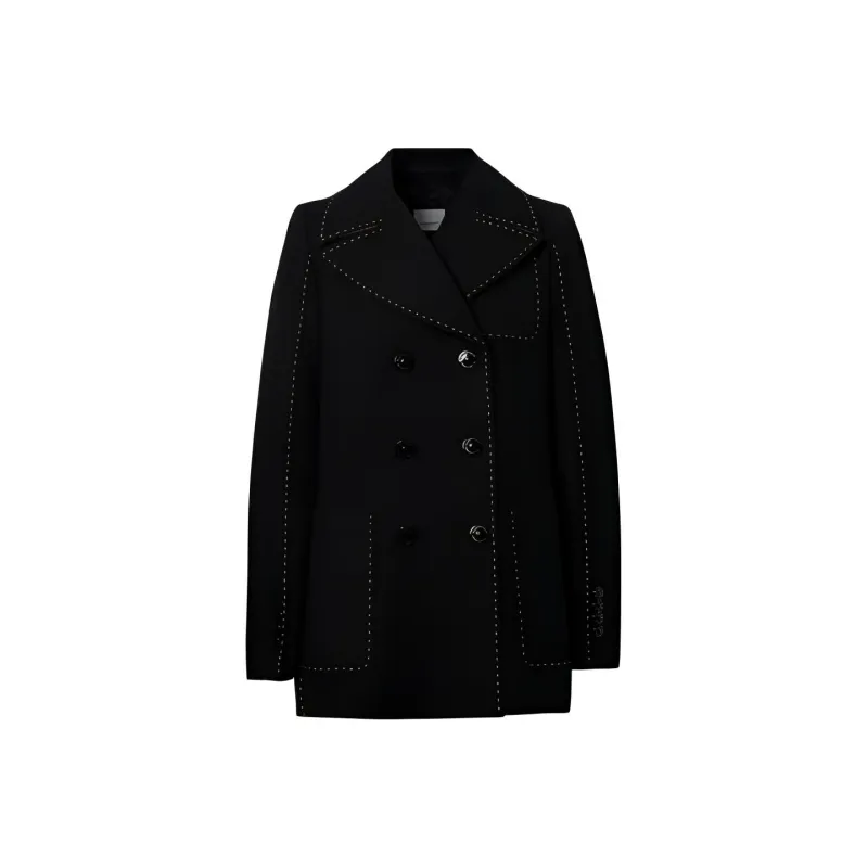 Burberry Topstitched Cotton Pea Coat In Black Coats Women's Black-0