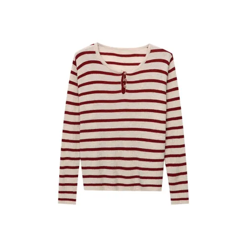 CHARM PICK Knitwear Women's Apricot Base With Red Stripes