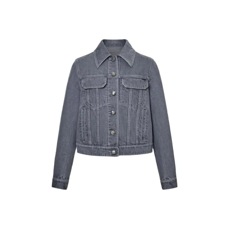 CARVEN SS23 Lapel Fitted Straight Long-Sleeved Denim Jacket Women's Gray-0