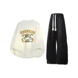 Beige Apricot Crew Neck Sweatshirt+Black Pants