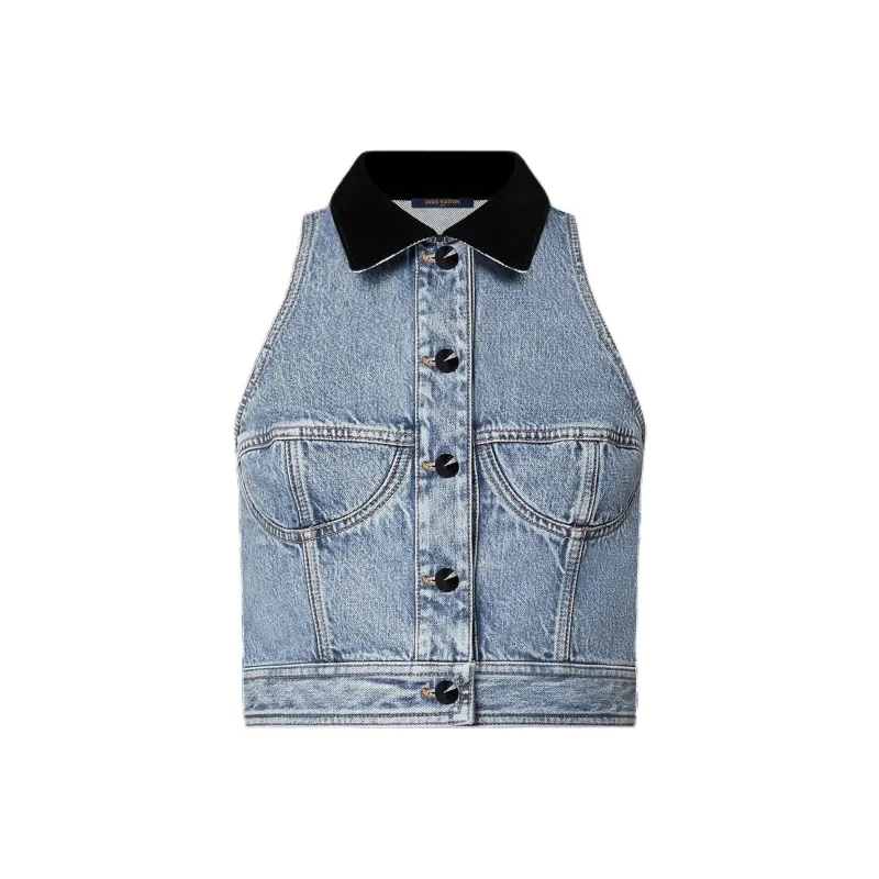 LOUIS VUITTON Sleeveless VeLOUIS VUITTONet Accent Denim Jacket-0