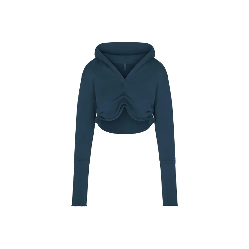 SKIMS SS25 FRENCH TERRY SHOULDER PAD CROPPED HOODIE Sweatshirt Women's INDIGO/Indigo-0