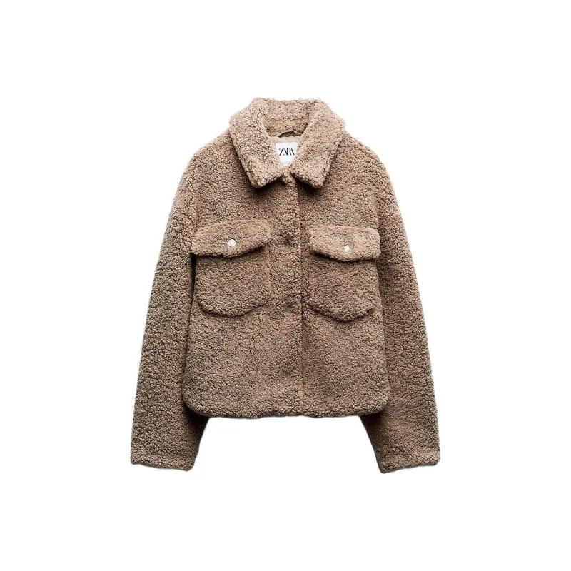 ZARA Velvet-feel Coat Women's Medium Camel-0