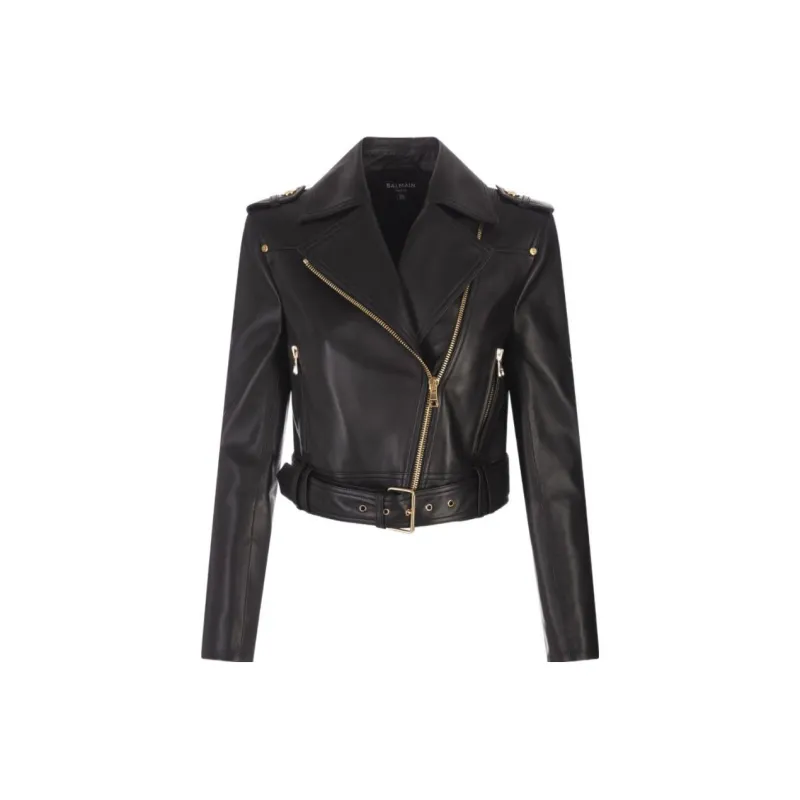 BALMAIN Chain Quilted Leather Crop Jacket Black-0