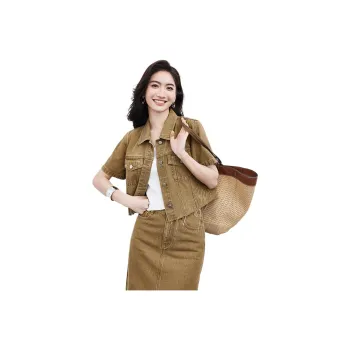 Hopeshow Denim Jacket Women's Cow Milk Coffee