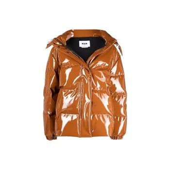 MSGM FW21 Solid Color Hooded Loose Fit Mid Length Puffer Jacket Women's Umber