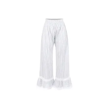 Selkie Collection SS24 Casual Pants Women's Light Blue Vertical Stripes White Tea Towel Print