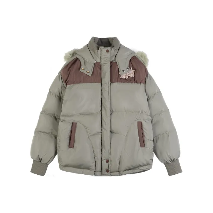 BEERBRO Detachable Hood Loose Fit Padded Puffer Jacket Long Sleeved Puffer Jacket Unisex Green-0