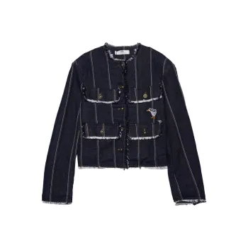MUGUOGUOMU Cropped Coats Women's Dark Denim Blue