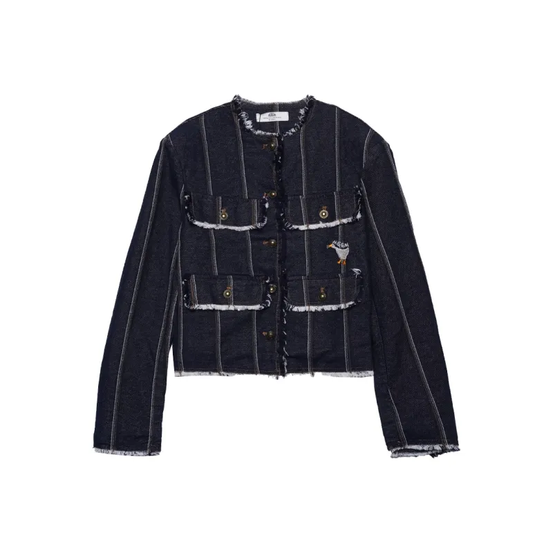MUGUOGUOMU Cropped Coats Women's Dark Denim Blue-0