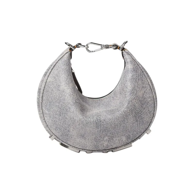 FENDI Fendigraphy Cow Leather Hobo Bag, One Shoulder Handbag Mini Women's Gray-0