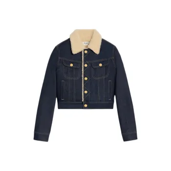 CELINE Trucker Sherpa Jacket In Raw Wash Denim