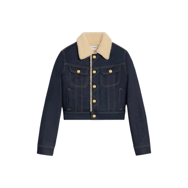 CELINE Trucker Sherpa Jacket In Raw Wash Denim-0